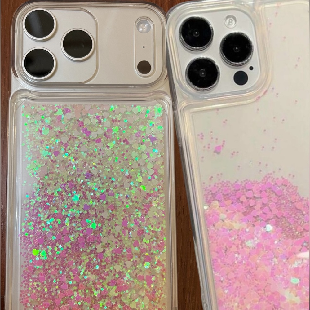 17 Pro Max Heart glitter liquid iphone case phone pink iridescent sand bling New